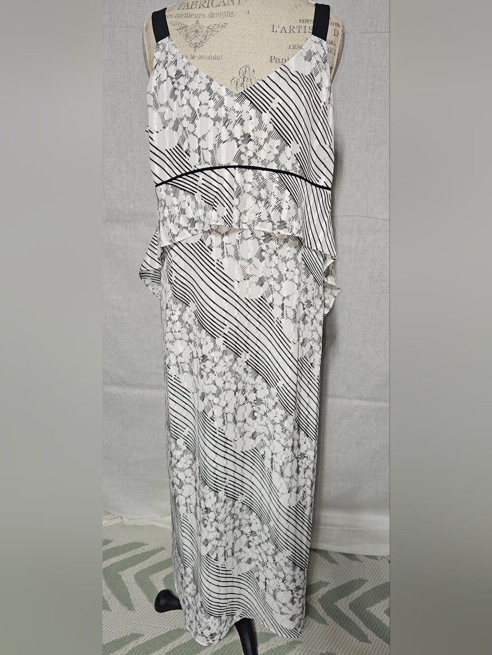 CAbi Black and White Floral & Stripe Maxi Dress